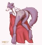  2022 anthro barefoot beastars bedding blanket bodily_fluids bottomless bottomless_female brown_body brown_fur butt camel_toe canid canine canis clothed clothing cum cum_on_butt dany-j digital_media_(artwork) feet female fur genital_fluids genitals hi_res juno_(beastars) kneeling looking_at_viewer looking_back mammal pussy pussy_juice shirt simple_background solo toes topwear wolf 