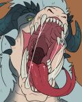  absurd_res anthro blue_body blue_fur blue_hair blue_horn bodily_fluids brown_background bust_portrait cheek_horn fangs forked_tongue front_view fur glistening glistening_eyes glistening_tongue green_eyes green_sclera hair hi_res horn imperatorcaesar looking_at_viewer male mouth_shot open_mouth portrait pupils saliva saliva_on_tongue saliva_string simple_background slit_pupils solo tan_body tongue 