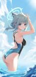  1girl animal_ear_fluff animal_ears ass black_swimsuit blue_archive blue_eyes blue_sky blue_swimsuit breasts competition_swimsuit cross_hair_ornament grey_hair hair_ornament hairclip halo highres looking_at_viewer medium_breasts multicolored_clothes multicolored_swimsuit one-piece_swimsuit partially_submerged shiroko_(blue_archive) shiroko_(swimsuit)_(blue_archive) sky solo sunlight swimsuit u_nyam water 