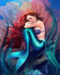  1girl ariel_(disney) bare_arms blue_eyes curly_hair fingernails fins highres long_hair looking_at_viewer lukaswerneck mermaid monster_girl red_hair scales shell shell_bikini sitting smile solo tail the_little_mermaid underwater 