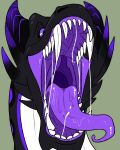  absurd_res ambiguous_gender big_fangs black_body black_horn black_sclera bodily_fluids cheek_horn dragon front_view glistening glistening_eyes green_background headshot_portrait hi_res horn imperatorcaesar mouth_shot open_mouth portrait pupils purple_body purple_eyes purple_horn purple_tongue ridged_horn saliva saliva_on_tongue saliva_string simple_background slit_pupils solo striped_horn stripes tongue tongue_out white_body 