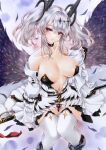  1girl azur_lane black_feathers black_gloves breasts breasts_apart center_opening choker dress feathered_wings feathers fingerless_gloves gloves grey_hair hair_ornament highres joffre_(azur_lane) large_breasts long_sleeves looking_at_viewer marker_(medium) mktr_(princess_mktr) navel off_shoulder red_eyes solo star_(symbol) star_hair_ornament thighhighs traditional_media twintails white_dress white_thighhighs wings 