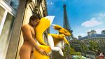  3d_(artwork) anthro balls bandai_namco bodily_fluids breasts butt canid canine city claws digimon digimon_(species) digital_media_(artwork) duo eiffel_tower female female_penetrated foxibiki france french fur genitals hi_res human humanoid male male/female male_penetrating male_penetrating_female mammal nipples outside paris penetration penis real_world renamon sex white_body white_fur yellow_body yellow_fur 