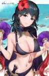  1girl arm_up bikini black_bikini breasts byleth_(fire_emblem) byleth_(fire_emblem)_(female) byleth_(summer)_(fire_emblem)_(female) fire_emblem fire_emblem:_three_houses fire_emblem_heroes flower hair_ornament haru_(nakajou-28) hibiscus highres large_breasts looking_at_viewer navel ocean solo swimsuit water_drop wet 