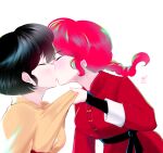  2girls black_hair blush braid braided_ponytail breasts closed_eyes hei-mii highres kiss multiple_girls ranma-chan ranma_1/2 short_hair simple_background tendou_akane white_background yuri 