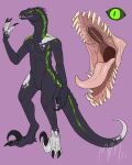  3_toes 4_fingers absurd_res anthro black_claws claws dark_body feet finger_claws fingers front_view glistening glistening_tongue green_body green_eyes green_sclera green_spots grey_body head_spikes hi_res imperatorcaesar male markings model_sheet mouth_shot open_mouth pink_tongue pupils purple_background scalie sharp_teeth simple_background slit_pupils solo spikes spikes_(anatomy) spots spotted_body spotted_markings spotted_neck spotted_shoulders spotted_tail tail_markings teeth toes tongue white_body white_fingers 