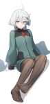  1girl ahoge bangs boots boots_removed commentary feet flat_chest grey_eyes gundam gundam_suisei_no_majo highres long_hair long_sleeves md5_mismatch miorine_rembran nishino_eri pantyhose revision sitting smile solo uniform watering_can white_background white_hair 