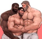  3boys abs bara beard biceps black_hair blush buzz_cut closed_eyes dark-skinned_male dark_skin dopey_(dopq) facial_hair feet_out_of_frame grey_hair hairy highres hug large_pectorals male_focus manly mature_male multiple_boys muscular muscular_male nipples original pectorals red_background short_hair simple_background smile thick_arms thick_eyebrows towel towel_around_waist veins veiny_arms very_short_hair white_background 