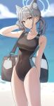  1girl animal_ear_fluff animal_ears bag bangs black_swimsuit blue_archive blue_eyes breasts closed_mouth cowboy_shot ear_piercing extra_ears grey_hair gya_(144) hair_ornament halo highres large_breasts looking_at_viewer medium_hair official_alternate_costume one-piece_swimsuit piercing shiroko_(blue_archive) shiroko_(swimsuit)_(blue_archive) shoulder_bag solo standing swimsuit twintails twitter_username x_hair_ornament 