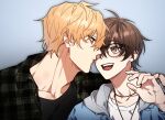  2boys bags_under_eyes black-framed_eyewear blonde_hair brown_eyes brown_hair eiden_(nu_carnival) highres imminent_kiss jewelry looking_at_another male_focus multiple_boys necklace nu_carnival orange_eyes quincy_(nu_carnival) short_hair smile xxxx_owo_x yaoi 