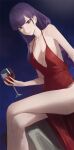  1girl absurdres alcohol alternate_costume bangs bare_legs bare_shoulders blunt_bangs braid breasts cleavage closed_mouth collarbone crossed_legs cup dress drink drinking_glass dutch_angle evening_gown feet_out_of_frame genshin_impact highres holding holding_cup large_breasts long_hair looking_at_viewer mole mole_under_eye pelvic_curtain purple_eyes purple_hair raiden_shogun red_dress single_braid sitting sleeveless sleeveless_dress so_shio solo thighs very_long_hair wine wine_glass 