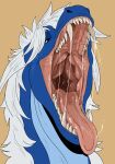  absurd_res big_fangs blue_body blue_scales bodily_fluids front_view glistening glistening_eyes glistening_tongue hair hi_res horn imperatorcaesar male mouth_shot narrowed_eyes open_mouth saliva saliva_on_tongue saliva_string scales simple_background solo tan_background tongue tongue_out white_hair white_horn 