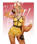  anthro belt bottomwear breasts canid canine canis clothed clothing diane_foxington digital_media_(artwork) dreamworks dress eyebrow_piercing facial_piercing female fingers fox fur gloves handwear hi_res mammal nosugarnohoney open_mouth orange_body orange_fur piercing simple_background smile solo standing teeth text the_bad_guys tongue topwear yellow_clothing yellow_dress 