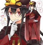  1boy bangs belt black_cape black_hair black_headwear brown_footwear buttons cape family_crest fate/grand_order fate_(series) fiery_hair full_body glasses gloves hat jacket jewelry koha-ace long_hair long_sleeves looking_at_viewer multiple_views necklace oda_nobukatsu_(fate) oda_uri pants peaked_cap ponytail red_eyes red_jacket red_pants sidelocks smile tekuteku_aruko thought_bubble translation_request very_long_hair white_gloves 