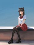  1girl animal_ears bangs black_pantyhose cat_ears cat_girl collared_shirt full_body highres komi-san_wa_komyushou_desu komi_shouko lips pantyhose red_skirt ryon-art school_uniform shirt sitting skirt solo white_shirt 