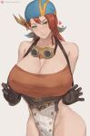  1girl bandana bangs bare_shoulders blue_bandana blush breasts cleavage collarbone green_eyes highres large_breasts long_hair looking_at_viewer lsls minayle_(monster_hunter) monster_hunter_(series) monster_hunter_rise parted_lips red_hair simple_background smile solo thighs white_background 