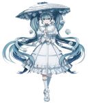  1girl absurdres bangs blue_eyes blue_hair bow commentary danjou_sora dress flower frilled_dress frilled_legwear frilled_umbrella frills hair_between_eyes hair_flower hair_ornament hatsune_miku highres holding holding_umbrella layered_sleeves long_hair long_sleeves looking_at_viewer parted_lips puffy_short_sleeves puffy_sleeves rose shoes short_over_long_sleeves short_sleeves socks solo symbol-only_commentary twintails umbrella very_long_hair vocaloid white_bow white_dress white_flower white_footwear white_rose 