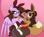  &lt;3 anthro big_breasts bow_tie breast_squish breasts brown_body brown_fur choker cleavage clothed clothing cuff_links dativyrose duo eevee eyewear fake_ears fake_rabbit_ears female female/female flower fur glasses hair hasbro holding_leg huge_breasts ivee_rose ivy_rose jewelry my_little_pony necklace nintendo one_eye_closed plant playboy_bunny playboy_outfit pok&eacute;mon pok&eacute;mon_(species) rose_(flower) simple_background smile squish thick_thighs video_games wings wink 