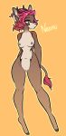  anthro blue_eyes breasts english_text female genitals glacierclear hair hi_res hooves horn multicolored_body navel nipples nude orange_background pink_hair pink_tail_tuft pussy simple_background solo standing tail_tuft text tuft unknown_species 