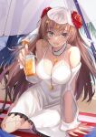  1girl alternate_costume bangs bare_shoulders beach beach_umbrella breasts brown_hair cleavage commentary_request commission cup dress earrings fate/grand_order fate_(series) flower grey_eyes hair_between_eyes hair_flower hair_ornament highres holding holding_cup hoop_earrings jewelry long_hair looking_at_viewer mata_hari_(fate) medium_breasts neko_daruma open_mouth red_flower red_rose rose sand sitting skeb_commission smile solo umbrella veil white_dress 