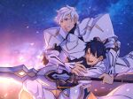  2boys absurdres armor bangs black_bodysuit black_hair blue_eyes bodysuit chaldea_uniform closed_eyes covered_abs fate/grand_order fate_(series) fujimaru_ritsuka_(male) glomp hair_between_eyes highres holding holding_weapon hug long_sleeves looking_afar male_focus multiple_boys muscular muscular_male open_mouth percival_(fate) polearm short_hair smile spear weapon white_hair yaoi yaosan233 