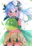  1girl carrying commentary_request detached_sleeves fujiwarahatsune genshin_impact green_eyes hair_between_eyes hair_ornament highres long_hair looking_at_viewer nahida_(genshin_impact) pointy_ears short_sleeves side_ponytail sidelocks simple_background slime_(genshin_impact) white_background white_hair wind 