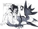  &lt;/3 2021 amputee black_hair breasts broken_horn chain chain_leash countershading disability duo ear_fins fangs female fin hair horn human japanese_text leash male mammal marine merfolk missing_arm monochrome red_eyes scales sinzui split_form text 