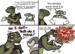  2022 angry annoyed anthro argonian armor bethesda_softworks claws clothed clothing comic crossed_arms deeja dialogue dovahkiin duo english_text female four_frame_image frown gaslighting gesture headgear helmet hi_res holding_character horn horned_helmet human humor male mammal multiple_scenes ncs open_mouth paper pointing question_mark scales scalie scar sharp_teeth shoulder_pads shrug simple_background skyrim snarling squeezing standing teeth text the_elder_scrolls tongue vein video_games white_background yelling 