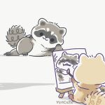  2022 biped black_eyes black_nose brown_body dot_eyes duo feral grey_body mammal painting procyonid raccoon sitting white_body yencatx 