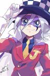  1boy 2014 adjusting_clothes adjusting_headwear blue_eyes cape closed_mouth commentary_request dated formal gloves grey_hair hat jacket joker_(kaitou_joker) kaitou_joker male_focus mask medu_(rubish) necktie red_jacket red_suit shirt signature smile solo suit top_hat white_gloves 