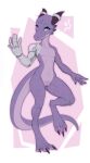  2022 anthro blue_eyes cybernetic_arm cybernetic_limb female flat_chested front_view full-length_portrait genitals hi_res horn kobold leilah_(scaledfox) looking_at_viewer on_one_leg portrait purple_body pussy scalie solo standing w4g4 