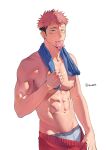  1boy abs bara brown_eyes clothes_pull condom condom_in_mouth condom_wrapper facial_mark grey_male_underwear highres itadori_yuuji jujutsu_kaisen large_pectorals male_focus male_underwear male_underwear_peek mawaru_(ajan) mouth_hold muscular muscular_male navel nipple_piercing nipples pectorals piercing pink_hair pulled_by_self red_shorts scar scar_on_face short_hair shorts shorts_pull simple_background solo towel towel_around_neck twitter_username undercut underwear white_background 