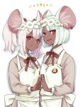  2girls animal_ears apron bangs blush breasts collared_shirt daikokuten_(fate) dark-skinned_female dark_skin fate/grand_order fate_(series) grey_shirt highres long_sleeves looking_at_viewer maid_headdress medium_breasts mouse_ears mouse_girl multiple_girls open_mouth pink_hair red_eyes shirt short_hair smile tekuteku_aruko twintails white_apron white_hair 