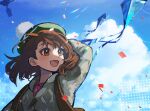  1girl :d bangs brown_eyes brown_hair cable_knit cardigan cloud collared_dress commentary_request confetti corviknight day dress gloria_(pokemon) green_headwear grey_cardigan happy hat highres kika looking_to_the_side open_mouth outdoors pink_dress pokemon pokemon_(game) pokemon_swsh silhouette sky smile tam_o&#039;_shanter tongue 