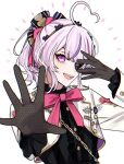  1girl :d ahoge black_gloves bow chain chuunibyou cropped_jacket eyepatch fishnet_gloves fishnets gloves gold_chain hand_over_eye hand_up heart heart_ahoge kiyukyuu maria_marionette multicolored_hair nijisanji nijisanji_en open_mouth outstretched_hand pink_bow pink_eyes pink_hair ponytail purple_eyes purple_hair reaching_out simple_background smile solo streaked_hair upper_body virtual_youtuber white_background 