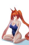  1girl animal_ears bangs bare_legs bare_shoulders breasts cleavage collarbone commentary_request covered_navel daiwa_scarlet_(umamusume) hair_between_eyes horse_ears horse_girl large_breasts long_hair looking_at_viewer nianyuguai one-piece_swimsuit orange_hair parted_lips red_eyes school_swimsuit seiza shadow simple_background sitting solo swimsuit twintails umamusume very_long_hair white_background 