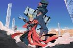  2boys 2girls blonde_hair blue_sky cloud cross dark-skinned_male dark_skin gun highres meryl_stryfe milly_thompson multiple_boys multiple_girls nicholas_d._wolfwood sky sunglasses trigun vash_the_stampede weapon wishchu 