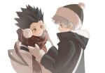  2boys adjusting_scarf beanie black_coat black_hair black_headwear blue_eyes blush breath brown_eyes coat dressing_another earmuffs feitian5575 gon_freecss grey_hair hat highres hunter_x_hunter killua_zoldyck long_sleeves looking_at_another looking_away male_focus mittens multiple_boys parted_lips profile red_scarf scarf simple_background spiked_hair turtleneck upper_body white_background white_coat winter_clothes 