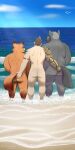  2022 anthro ari_guardian axel_(axelthewerewolf) balls barely_visible_balls barely_visible_genitalia beach butt butt_grab canid canine canis disney fox genitals gideon_grey group hand_on_butt hi_res human human_on_anthro interspecies male male/male mammal outside overweight overweight_male seaside water wolf zootopia 
