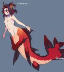  2021 black_hair breasts collar countershading ear_fins eye_scar facial_scar female fin hair hi_res horn japanese_text marine merfolk navel red_body red_eyes red_scales scales scar sinzui solo split_form text 
