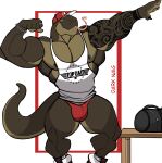  2022 absurd_res anthro artist_name bag barazoku baseball_cap bench biceps big_muscles border bracelet bulge chain clothed clothing darknaigart english_text flexing footwear forked_tongue front_view gym_bag hat headgear headwear hi_res huge_muscles jewelry komodo_dragon lizard long_tongue looking_at_viewer male monitor_lizard muscular muscular_anthro muscular_male nipple_piercing nipples non-mammal_nipples obliques pecs piercing red_border reptile ring_(jewelry) scalie shirt shoes simple_background smile solo standing tank_top tattoo text text_on_clothing text_on_shirt text_on_tank_top text_on_topwear thick_thighs thong tongue tongue_out top_gun topwear underwear white_background 