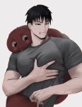  1boy bara black_hair black_shirt blue_eyes blush drooling fushiguro_touji highres ili_nami jujutsu_kaisen large_pectorals male_focus muscular muscular_male pectorals photo-referenced saliva scar scar_on_face scar_on_mouth shirt short_hair simple_background twitter_username upper_body white_background 