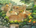  1girl animal artist_name bamboo bare_shoulders bathing branch brown_hair bucket capybara closed_eyes closed_mouth completely_nude food fruit highres leaf nude orange_(fruit) original outdoors pointy_nose sitting solo_focus towel tree vicki_tsai water 
