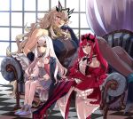  3girls bangs bare_shoulders black_dress black_gloves blonde_hair blue_dress boots breasts brown_eyes brown_pantyhose cape center_frills couch detached_collar detached_sleeves dress elbow_gloves fairy_knight_gawain_(fate) fairy_knight_gawain_(second_ascension)_(fate) fairy_knight_lancelot_(fate) fairy_knight_lancelot_(second_ascension)_(fate) fairy_knight_tristan_(fate) fate/grand_order fate_(series) flower forked_eyebrows frills gloves green_eyes grey_eyes heterochromia highres horns large_breasts long_hair long_sleeves looking_at_viewer multiple_girls open_mouth pantyhose pink_hair platform_footwear pointy_ears red_dress red_eyes red_footwear sidelocks sitting small_breasts smile tekuteku_aruko thigh_boots thighhighs thighs tiara white_hair white_thighhighs 