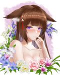  1girl absurdres amagi_(azur_lane) animal_ears azur_lane blush breasts brown_hair chinese_commentary cleavage flower frozen-sad highres large_breasts long_hair looking_at_viewer pink_flower pink_rose purple_eyes purple_flower rose simple_background solo sweat upper_body white_background white_flower 
