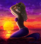  2022 aleka_(masterofwolves99) anthro beach bracelet breasts canid canine clothed clothing female fox fur grey_body grey_fur hair hi_res jewelry long_hair looking_at_viewer looking_back looking_back_at_viewer mammal marine masterofwolves99 merfolk ocean_jewel outside pinup pose sea seashell_bra seaside silver_hair smile solo split_form sun sunset water watermark 