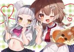  2girls :p ;d animal_ears ascot bangs blunt_bangs blush bone_hair_ornament braid breasts brown_hair chocolate_cornet croissant crop_top dog_ears dog_girl doughnut fangs food grey_hair hair_ornament heart highres holding hololive inugami_korone long_hair low_twin_braids medium_breasts midriff multiple_girls murasaki_shion navel noi_mine one_eye_closed pink_ascot red_ascot red_eyes shirt short_sleeves skin_fangs smile tongue tongue_out twin_braids twintails upper_body virtual_youtuber white_shirt yellow_eyes 