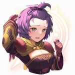  1girl armor bangs_pinned_back bernadetta_von_varley blush breasts cleavage cleavage_cutout clothing_cutout embarrassed fire_emblem fire_emblem:_three_houses gloves highres medium_breasts nakabayashi_zun open_mouth red_gloves short_hair shoulder_armor solo topknot upper_body 