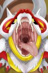  absurd_res ambiguous_gender black_sclera blurred_background bodily_fluids claws front_view fur glistening glistening_eyes glistening_tongue hi_res horn imperatorcaesar looking_at_viewer mouth_shot neck_tuft open_mouth pink_tongue pupils red_body red_claws saliva saliva_on_tongue saliva_string solo tongue tongue_out tuft white_body white_fur white_horn white_tail yellow_body yellow_eyes yellow_pupils 