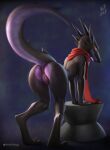  2022 anthro anus bent_over black_body black_scales blurred_foreground butt chiani_(cloudrunner) female genitals hi_res kobold looking_back mostly_nude presenting presenting_hindquarters presenting_pussy pussy rear_view scales scalie scarf scarf_only solo w4g4 